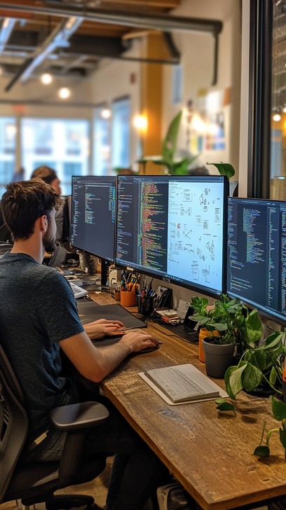 Developer working across multiple monitors